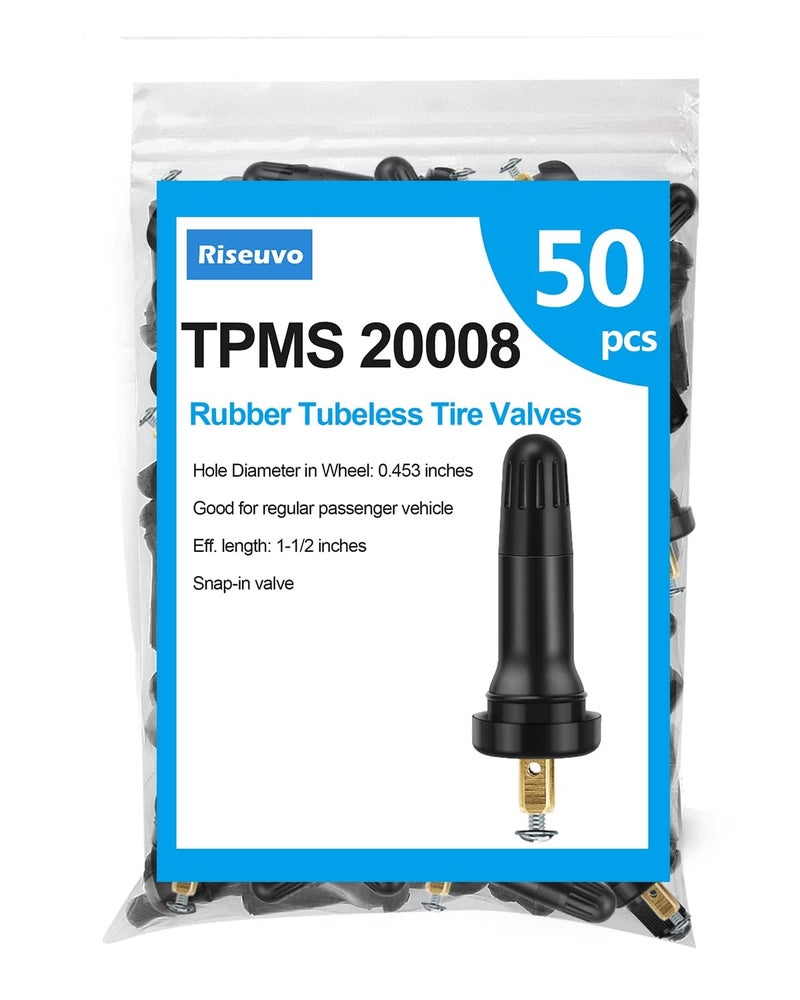 Riseuvo رايزوفو 50 قطعة صمامات مطاطية TPMS 20008 - بديل قابل للتثبيت لمستشعرات TPMS، يناسب ثقب الحافة 0.453" للسيارات والشاحنات وSUVs - Image 1